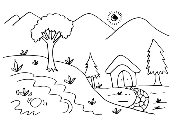 Schizzo Disegnato Mano Montagne Con Sole Casa Albero Vettoriale Illustrazione — Vettoriale Stock
