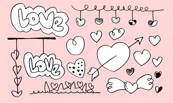 Hand Drawn Doodles Set Valentine Day Collection Beautiful Hearts Writings — Stock Vector
