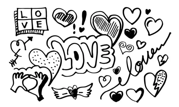 Ručně Kreslené Čmáranice Valentýna Sbírka Krásných Srdcí Spisů Láska Bílém — Stockový vektor
