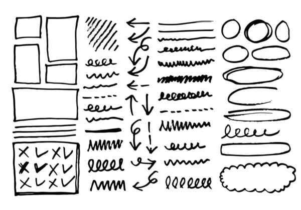 Linee Vettoriali Doodle Curvature Segni Spunta Frecce Disegnati Mano Set — Vettoriale Stock