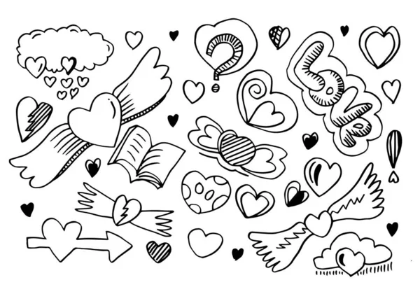 Kézzel Rajzolt Firkák Valentin Napra Gyönyörű Szívek Írások Gyűjteménye Szerelem — Stock Vector