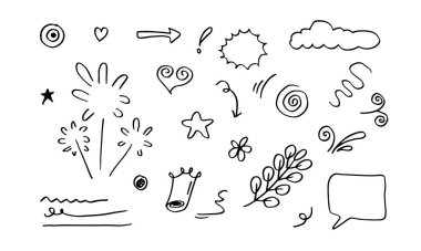 El çizimi ögesi, beyaz arka plan üzerine siyah ok, yapraklar, konuşma balonu, kalp, ışık, kral, bulut, yıldız, vurgu, girdap, konsept tasarım için.