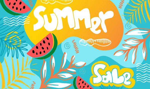 Summer Sale Banner Template Doodle Style Abstract Summer Palm Leaves — Stock Vector