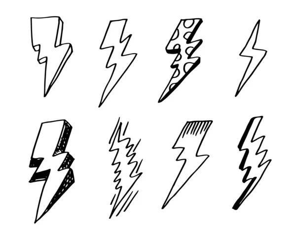 Conjunto Mão Desenhado Vetor Doodle Elétrico Relâmpago Símbolo Esboço Ilustrações — Vetor de Stock