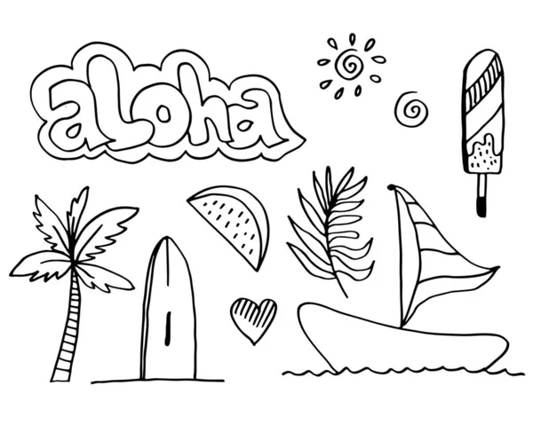 Aloha Mão Desenhada Bonito Doodle Illustration Hawaiian Design — Vetor de Stock