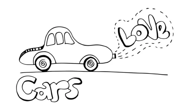 Cartoon Samochód Dmuchanie Spalin Literami Miłosnymi Ręcznie Rysowany Szkic Ilustracja — Wektor stockowy