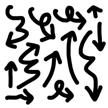 Karalama tasarım elementleri. El çizimleri beyaz arka planda izole edilmiş oklar. Vektör illüstrasyonu.