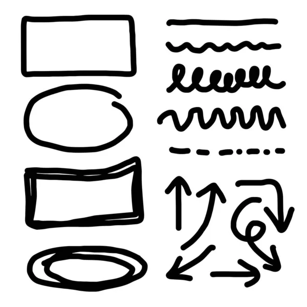 数字矢量线和曲线 手绘支票和箭头标志 一组简单的涂鸦线 帧和点 — 图库矢量图片