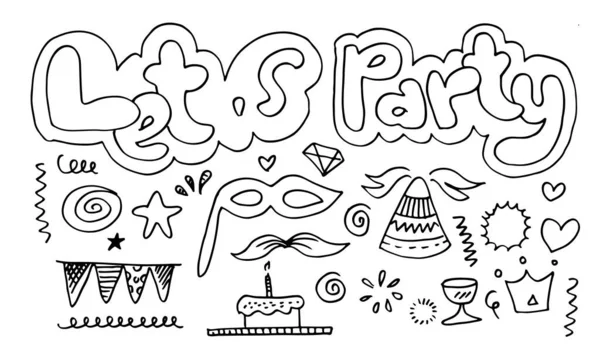 Lasst Uns Feiern Handgezeichnete Zeichentrickillustration Leuchtender Handgezeichneter Schriftzug Kreis Für — Stockvektor