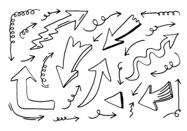 Karalama tasarım elementleri. El çizimleri beyaz arka planda izole edilmiş oklar. Vektör illüstrasyonu.