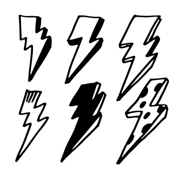 手描きベクトルドア電動稲妻記号スケッチイラストのセット 雷のシンボルドードルアイコン — ストックベクタ