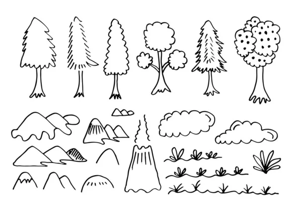 Ensemble Griffes Arbres Nuages Herbe Montagnes — Image vectorielle