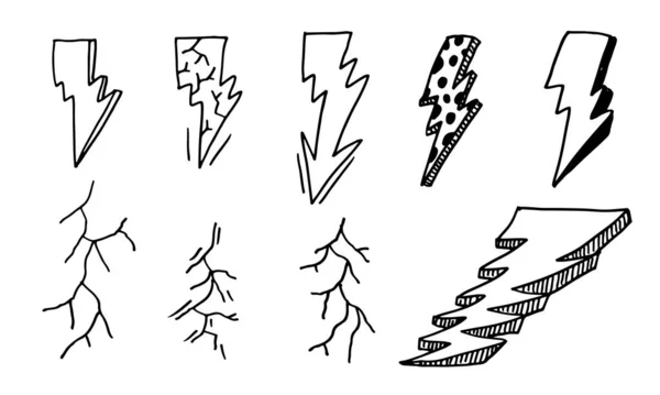 Sada Ručně Kreslených Vektorových Čmáranice Elektrický Blesk Symbol Náčrtek Ilustrace — Stockový vektor