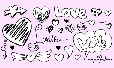 Sevgililer Günü için elle çizilmiş karalamalar. Pembe arka planda güzel kalpler ve yazılar koleksiyonu. Vektör illüstrasyonu.