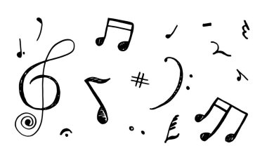 Sekiz nota istirahatı, yarım not, kiriş, otuz saniye nota, düz, müzik ve ince simge koleksiyonu gibi el çizimi simgelerini ayarla.