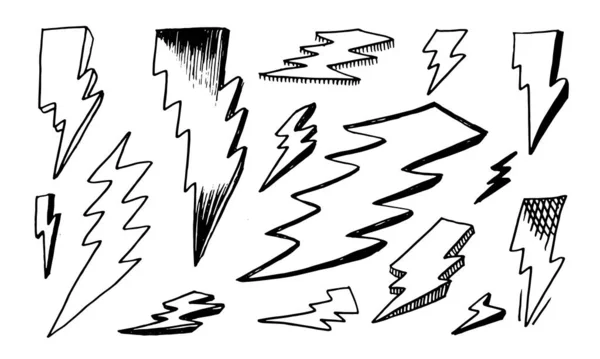 Készlet Kézzel Rajzolt Vektor Firka Elektromos Villám Szimbólum Vázlat Illusztrációk — Stock Vector