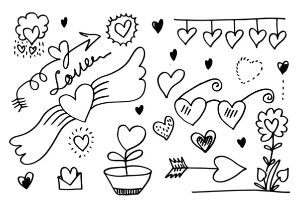 バレンタインデーにセットされた手描きのドア 美しい心と書き込みのコレクションピンクの背景に愛 ベクターイラスト — ストックベクタ