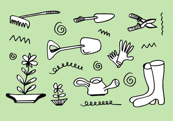 Ręcznie Rysowane Narzędzia Ogrodowe Wiosenne Ogrodnictwo Szkic Roślin Ilustracja Wektor — Wektor stockowy
