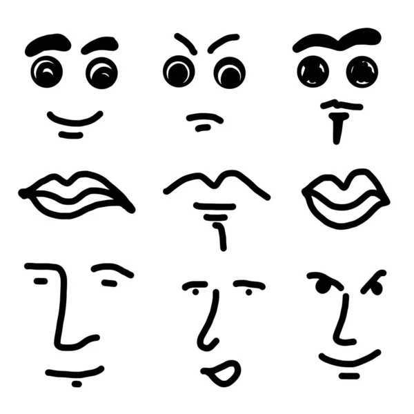 Set Doodle Eyes Face Mouth Vector Black White Icons — Stock Vector