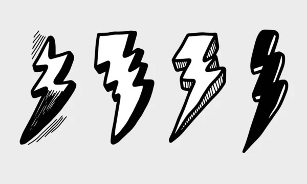 Σετ Ζωγραφισμένα Στο Χέρι Εικονογραφήσεις Σκίτσο Ηλεκτρικό Κεραυνό Εικονίδιο Μουντζούρας — Διανυσματικό Αρχείο