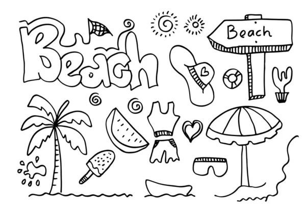 Plážové Čmáranice Letní Symboly Jako Zmrzlina Palma Sluneční Brýle Kaktus — Stockový vektor