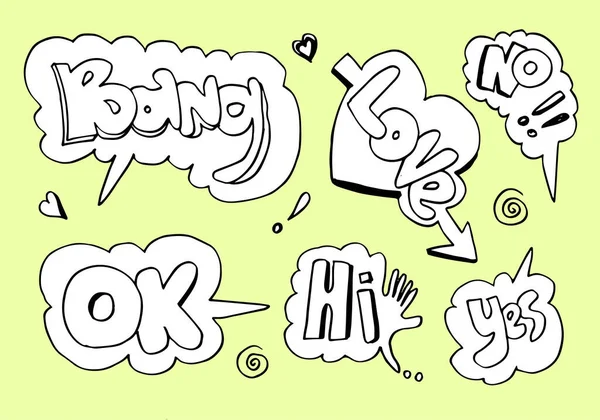 Vector Set Sketch Comics Phrases Effects Bang Love Yes — Stock Vector