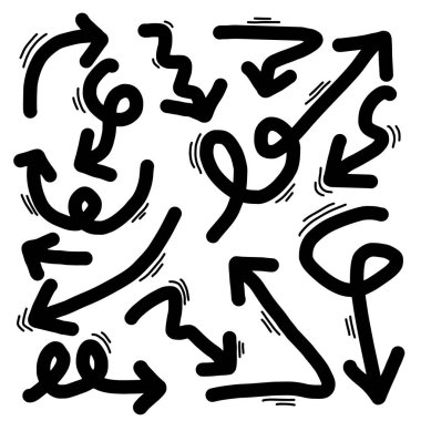 Karalama tasarım elementleri. El çizimleri beyaz arka planda izole edilmiş oklar. Vektör illüstrasyonu.