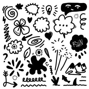 Yapraklar, kalpler, soyut, kurdeleler, oklar ve konsept tasarımlar için el yapımı diğer elementler. Karalama çizimi. Dekorasyon için vektör şablonu