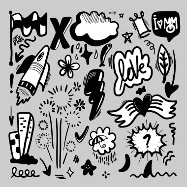 El çizimi elementler, gri arka planda siyah. Oklar, kalpler, aşk, havai fişek, ışık, çiçekler, taçlar, bayrak, girdaplar, roket.