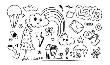 Beyaz arka planda el çizimi sevimli karalama seti. Karalama tasarım elementleri. Dekorasyon ve boyama sayfası için karalama yapan çocuklar..