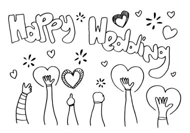 Beyaz arkaplanda mutlu evlilik metniyle alkış çizimi..