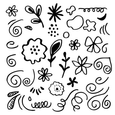 Çiçek karalama tasarımı elementleri. Çiçek karalama çizimi. El çizimi dekoratif yapraklar ve çelenkler..