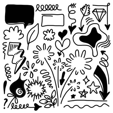 El çizimi öge, siyah üzerine beyaz arkaplan. Ok, yapraklar, kalp, ışık, kral, vurgu, girdap, kavram tasarımı için..