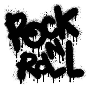 Spreylenmiş rock n roll yazı tipi grafiti üzerine siyah ve beyaz sprey sıkılmış. Vektör illüstrasyonu.