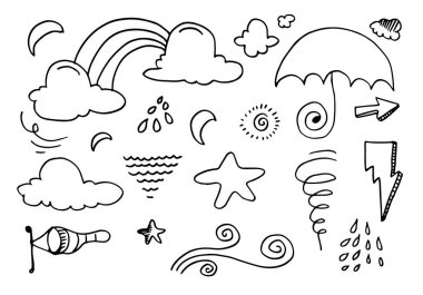 Hava durumu taşıyıcı seti beyaz arkaplanda izole edildi. El çizimi vektör illüstrasyonu.