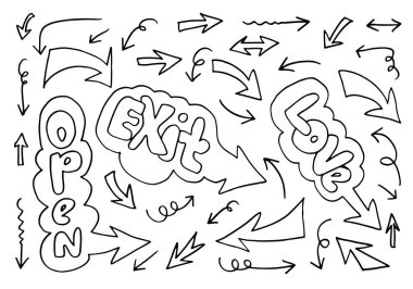 Karalama tasarım elementleri. El çizimleri beyaz arka planda izole edilmiş oklar. Vektör illüstrasyonu.