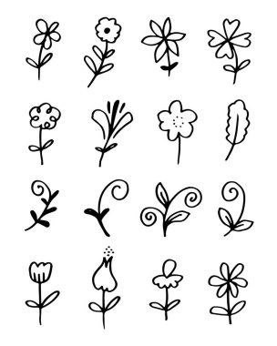 Beyaz arka planda çiçek ve bitkisel set.