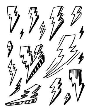El çizimi vektör karalaması elektrikli yıldırım sembolü çizimi çizimleri. gök gürültüsü simgesi karalama simgesi.
