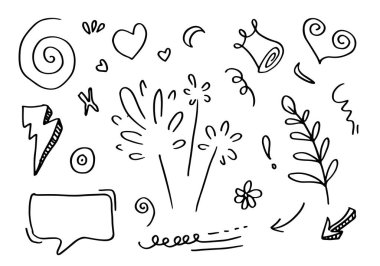 El çizimi ögesi, siyah üzerine beyaz arkaplan. Ok, yapraklar, konuşma balonu, kalp, ışık, kral, vurgu, girdap, konsept tasarımı için.