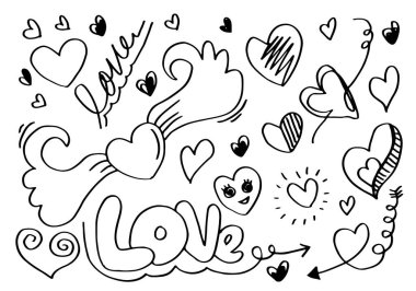 Sevgi seti. El çizimi. Doodle tarzı. tasarımınız için.