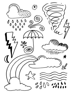 Hava durumu taşıyıcı seti beyaz arkaplanda izole edildi. El çizimi vektör illüstrasyonu.