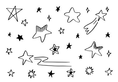 El çizimi yıldızlar hazır. Beyaz arkaplana yıldız karalama koleksiyonu.