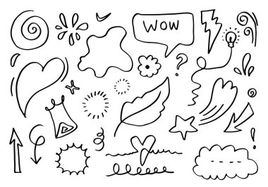 Yapraklar, kalpler, soyut, kurdeleler, oklar ve konsept tasarımlar için el yapımı diğer elementler. Karalama çizimi. Dekorasyon için vektör şablonu