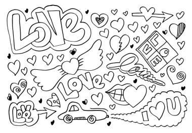 Sevgililer Günü için elle çizilmiş karalamalar. Güzel kalpler ve yazılar koleksiyonu. Beyaz arka planda aşk. Vektör illüstrasyonu.