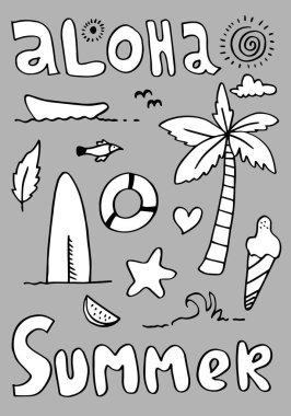 Aloha el çizimi şirin karalama çizimi. Hawaii tasarımı..