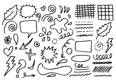 El çizimi Ok, kalp, aşk, yıldız, yaprak, vurgu, kavram tasarımı için girdap.