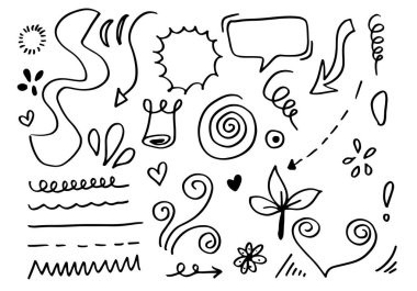 Yapraklar, kalpler, soyut, kurdeleler, oklar ve konsept tasarımlar için el yapımı diğer elementler. Karalama çizimi. Dekorasyon için vektör şablonu