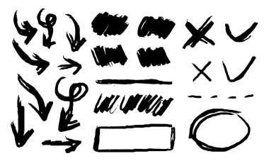 Karalama vektör çizgileri ve eğrileri. El çizimi ve ok işaretleri. Basit karalama çizgileri, kıvrımlar, çerçeveler ve noktalar. Kalem koleksiyonu