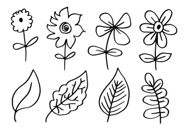 El çizimi siyah çiçek elementleri. Çiçek ve dallar karalama yapıyor..