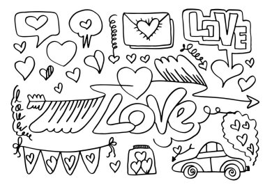 Karalama tasarımında kalp vektör simgesi kümesi.